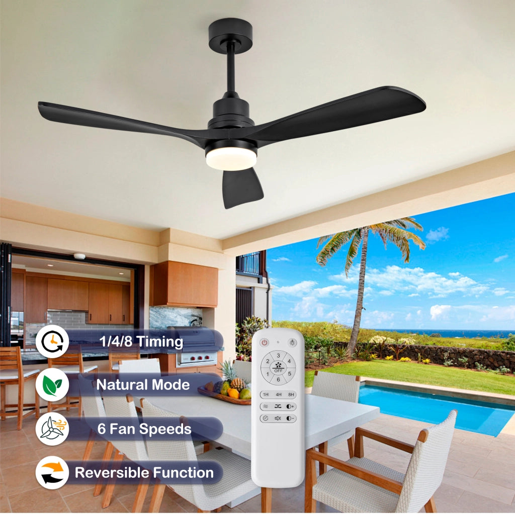 Ventilatore da soffitto in legno massello 52 pollici, 3 pale a spirale completamente nere, motore DC reversibile silenzioso, design moderno