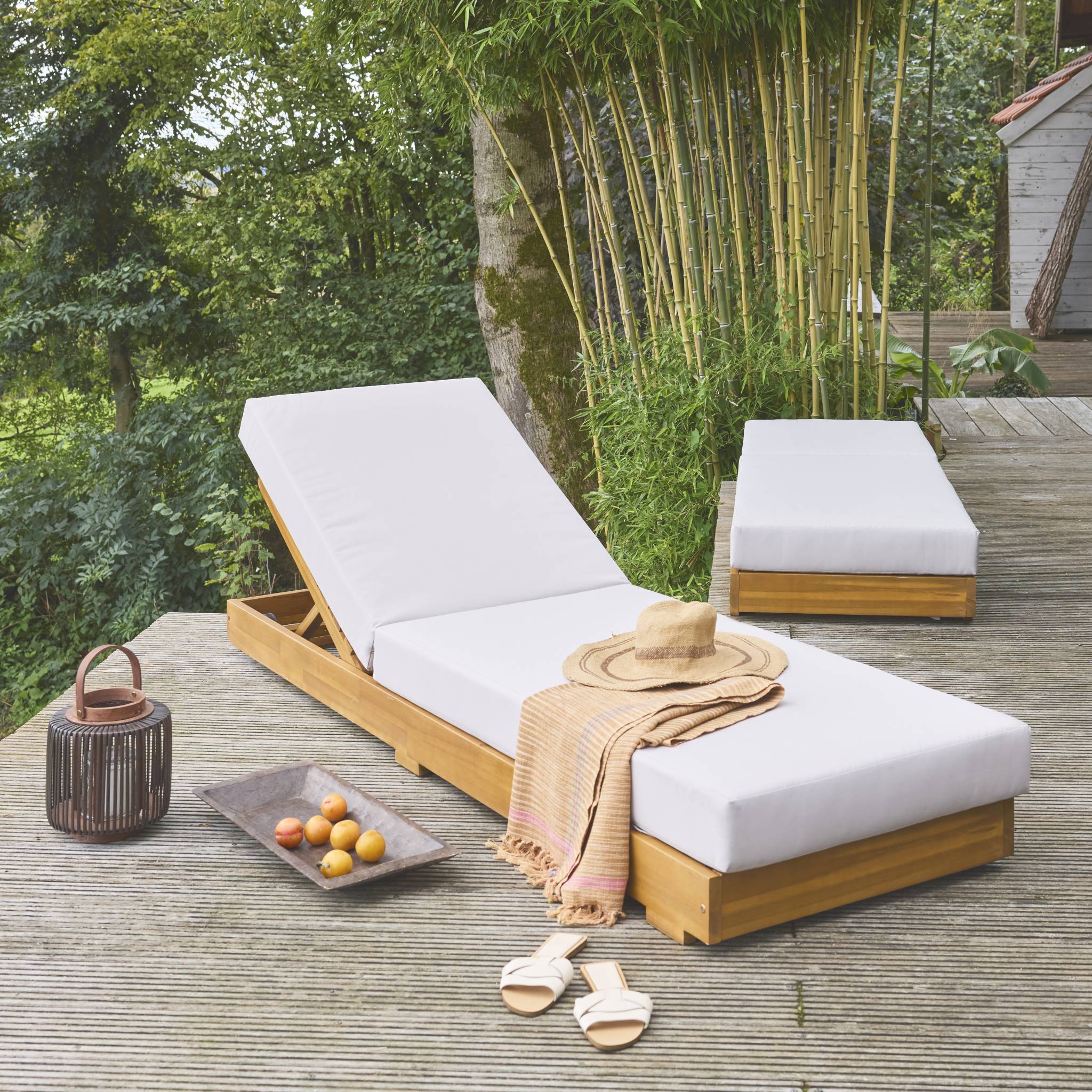 Set di 2 lettini prendisole in acacia e poliestere, 3 posizioni, beige