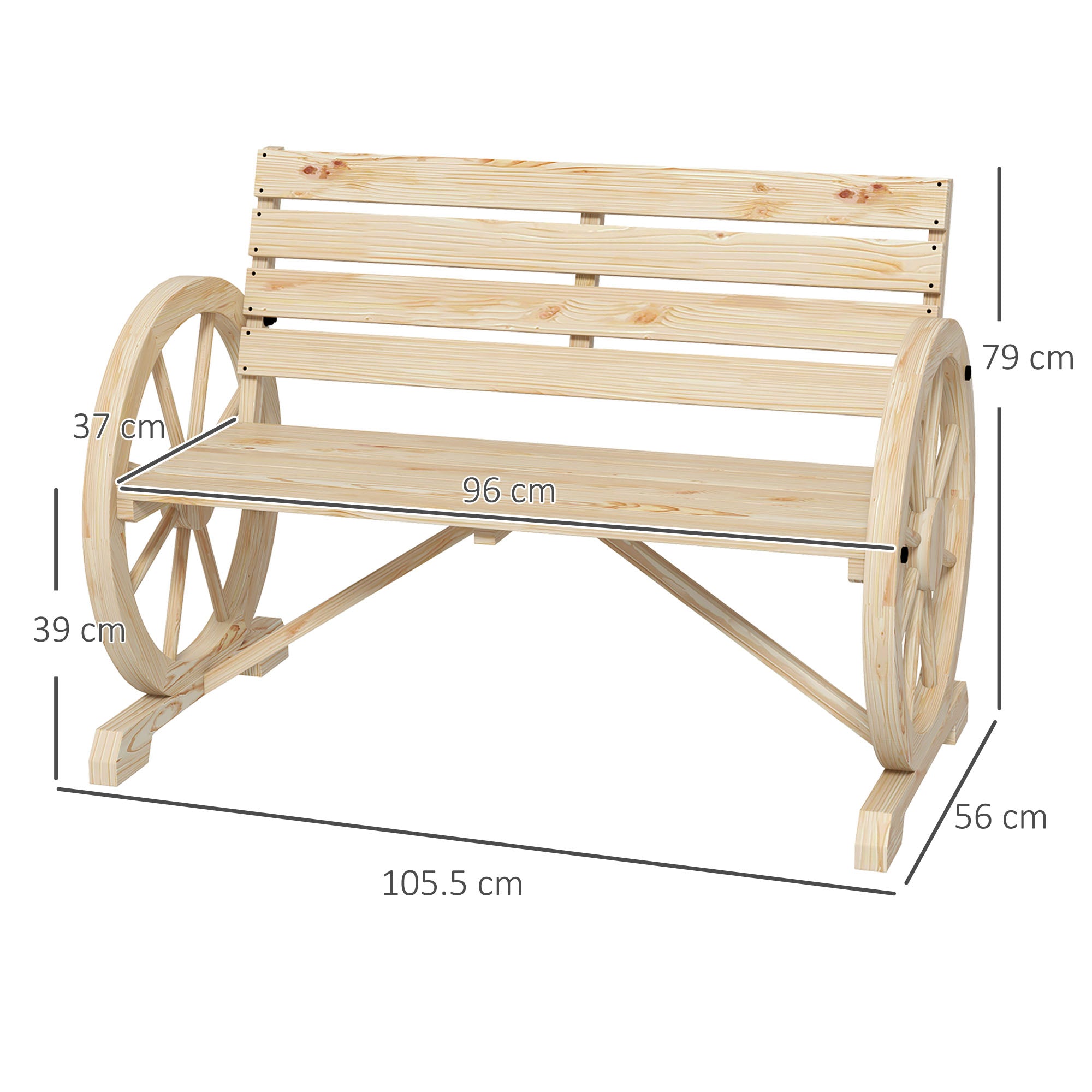 Panchina da Giardino 2 Posti 105,5x56x79 cm con Braccioli a Ruota di Carro in Legno a Doghe