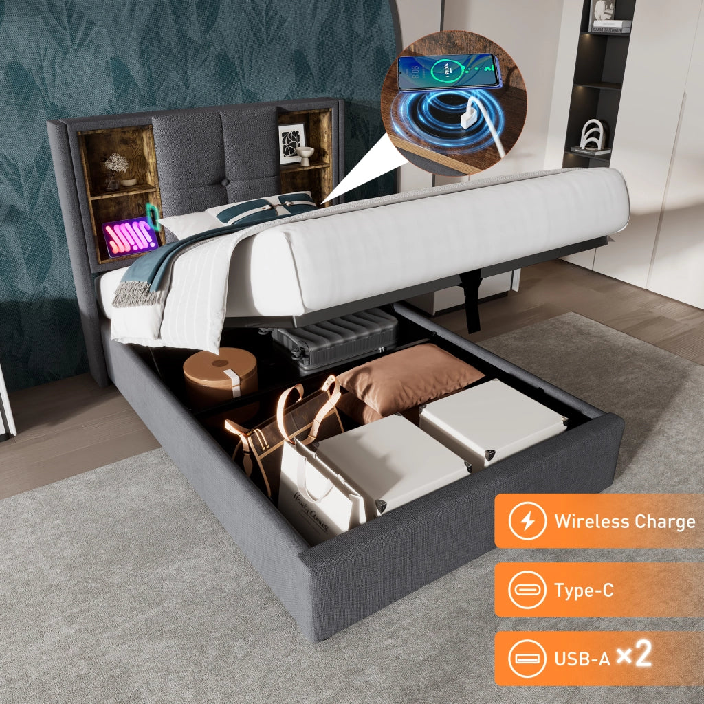 Letto singolo – 90x200 cm – ricarica wireless USBC con materasso – cotone grigio