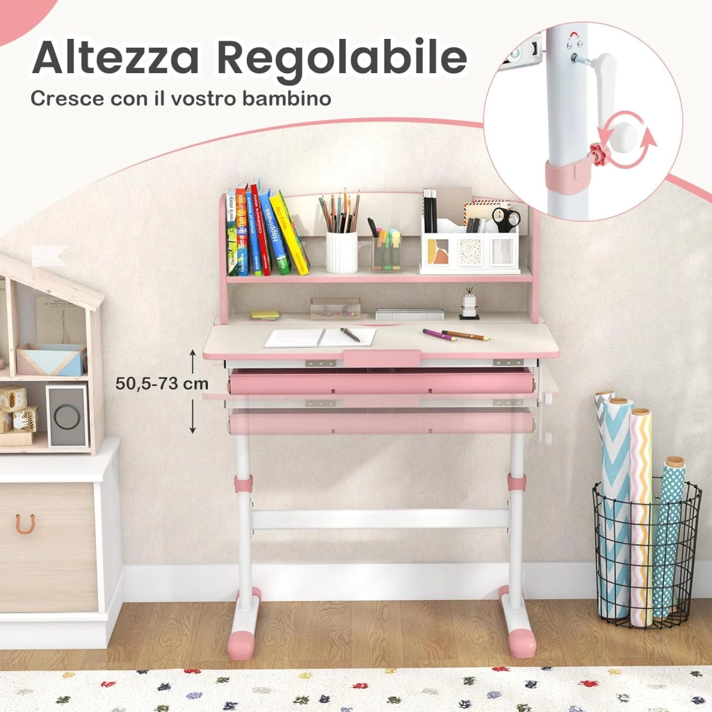 Scrivania per Bambini, Banco Scuola per 3-12 Anni Regolabile in Altezza da 50cm a 73cm con Piano Inclinabile 60°, Scrittoio Cameretta Multifunzionale con Libreria e Cassetto (Rosa)
