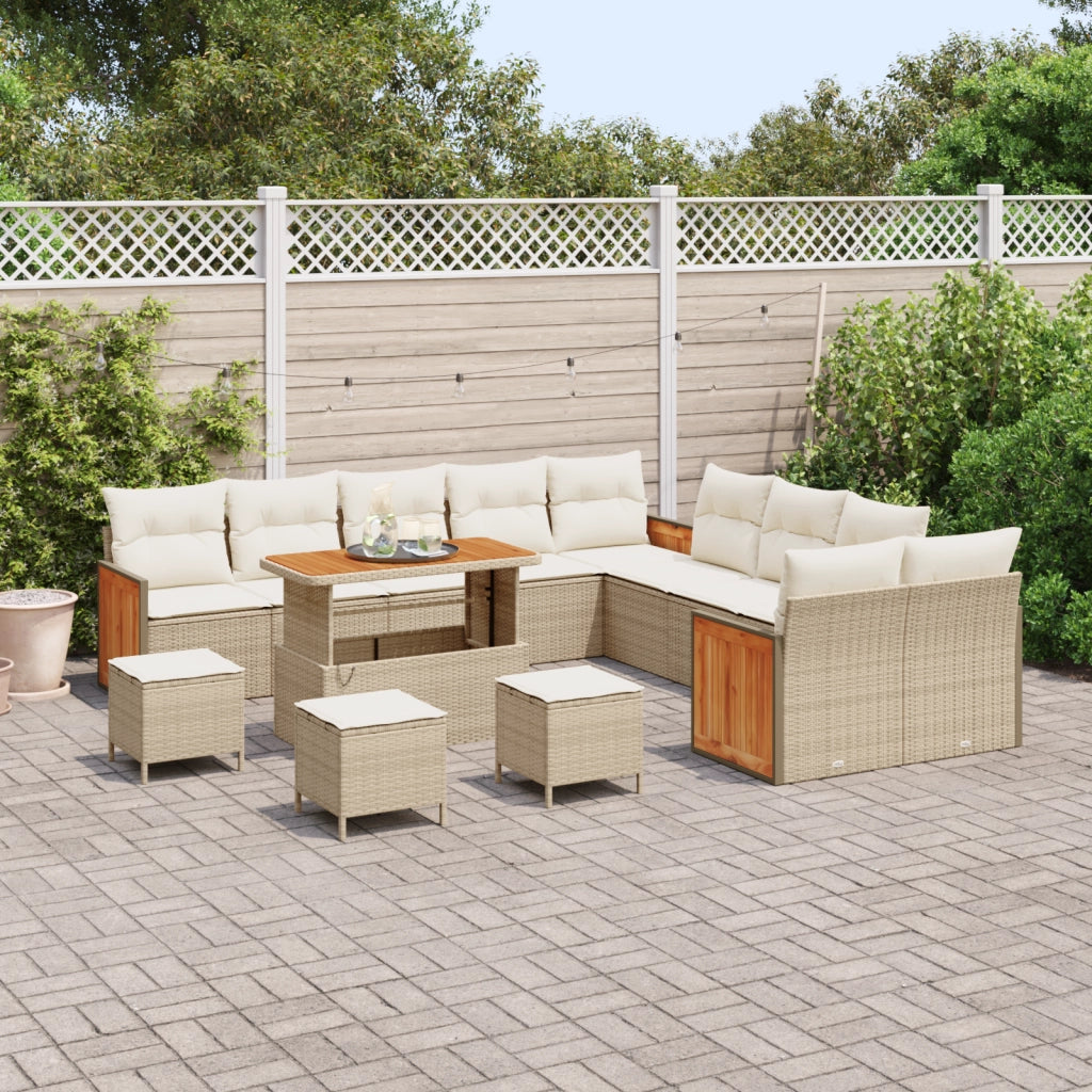 Set da Divano da Giardino  14 Pezzi con Cuscini Beige Polyrattan Acacia