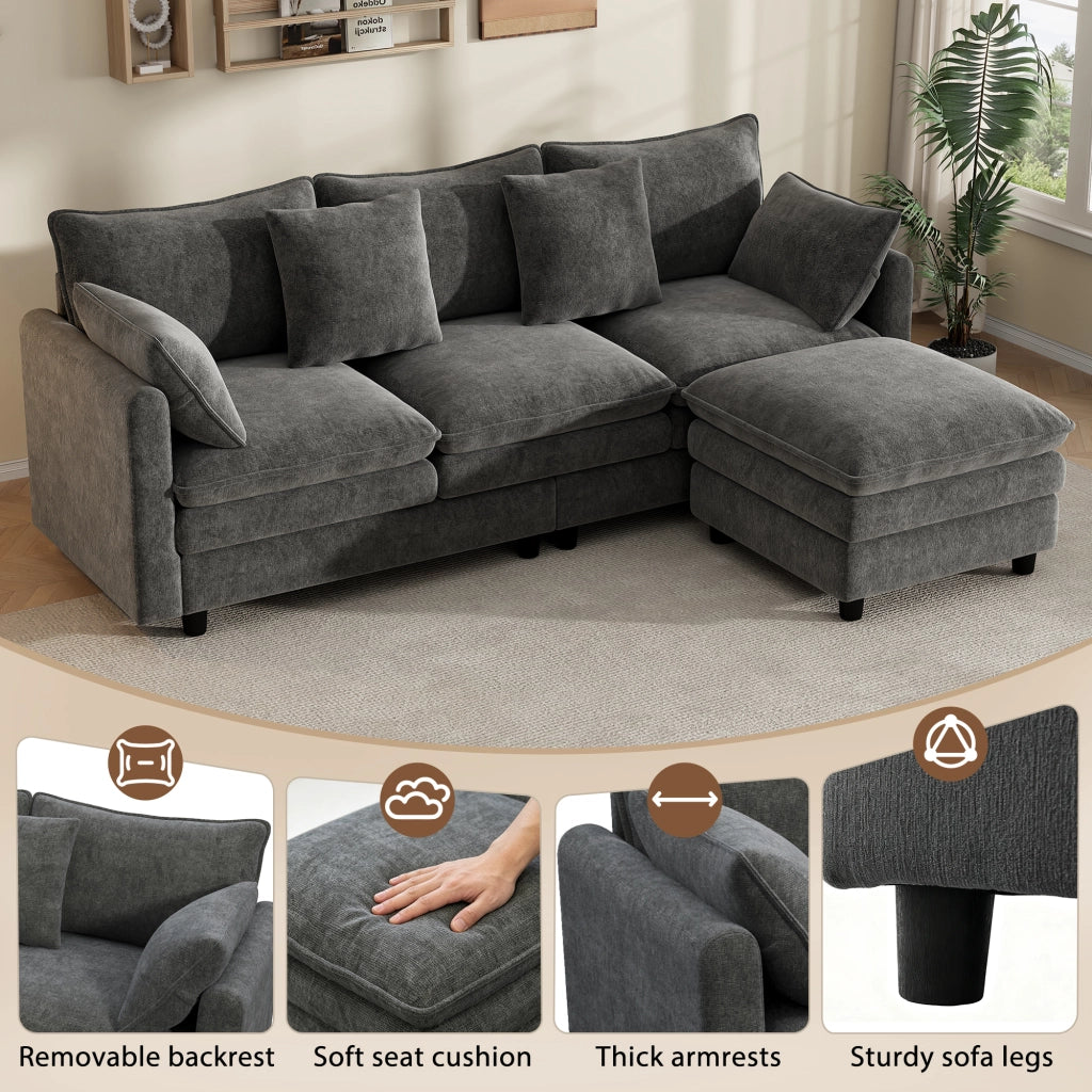 Divano angolare con chaise longue mobile 3 posti con 4 cuscini e 3 schienali in ciniglia grigia 212 × 150 × 90 cm
