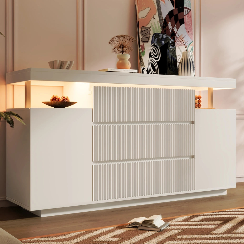Credenza moderna con LED, 6 cassetti, 2 ante e vano aperto, per soggiorno, in MDF e metallo bianco, 150 × 40 × 78 cm