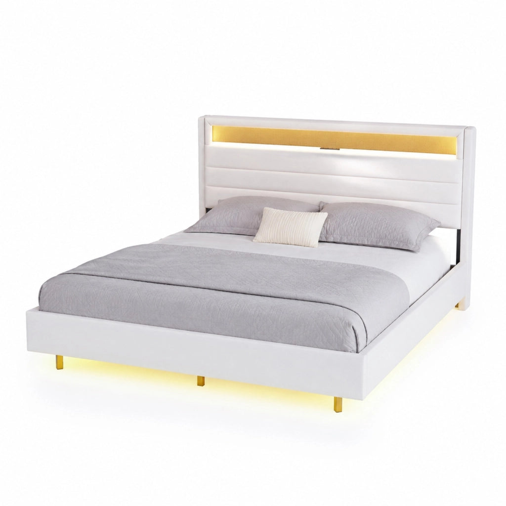 Letto imbottito matrimoniale 140x200 cm beige con USB; LED e testiera ribaltabile