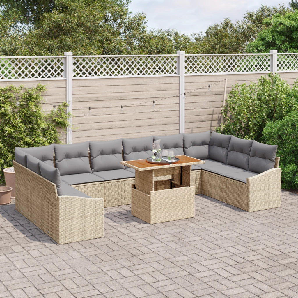 Set da pranzo da giardino di 11 pezzi con cuscini Beige Polirattan Acacia