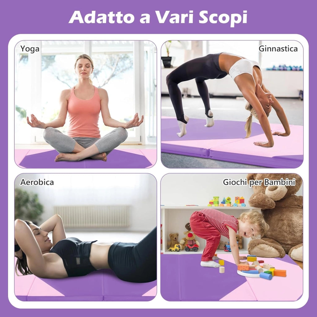 Tappetino Ginnastica Pieghevole 300 CM, Tappetino a 4 Pannelli in Similpelle con Gancio, Chiusure a Strappo e Maniglie per Ginnastica, Yoga e Allenamenti da Casa e Palestra