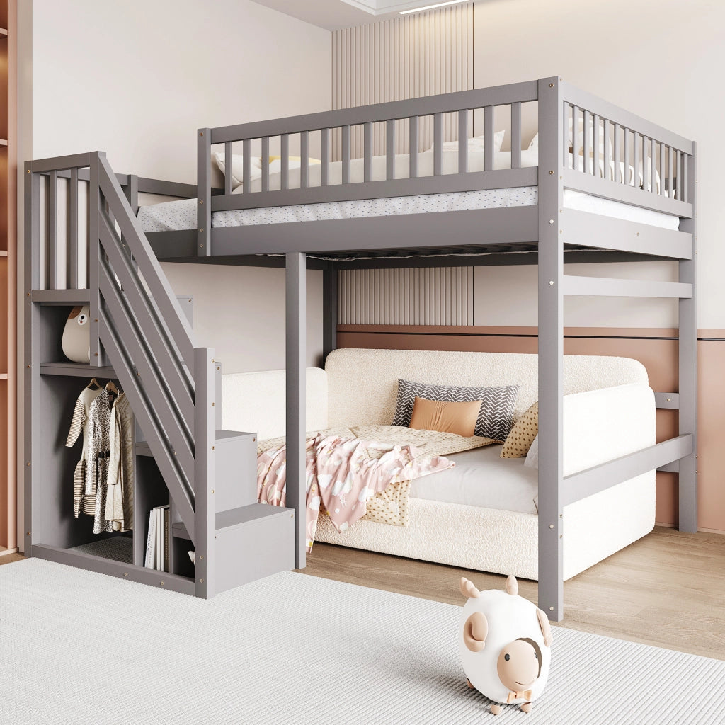 Letto a castello in legno grigio con scala contenitore altezza parapetto 140x200 cm