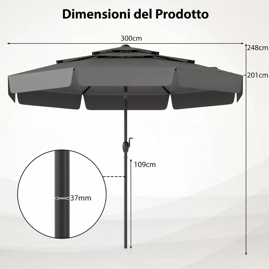 Ombrellone da Giardino 300 cm, con Regolazione Inclinazione, Manovella e 8 Stecche, Anti-UV, Tettuccio Ventilato a 3 Livelli (Grigio, 0 Luce)