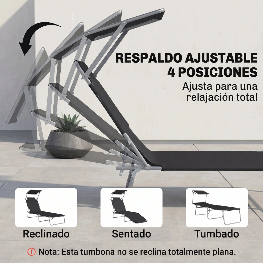 Tumbona Pieghevole con Toldo e Respaldo Reclinabile ¨C Zephmum ¨C Nero 187x58x36cm