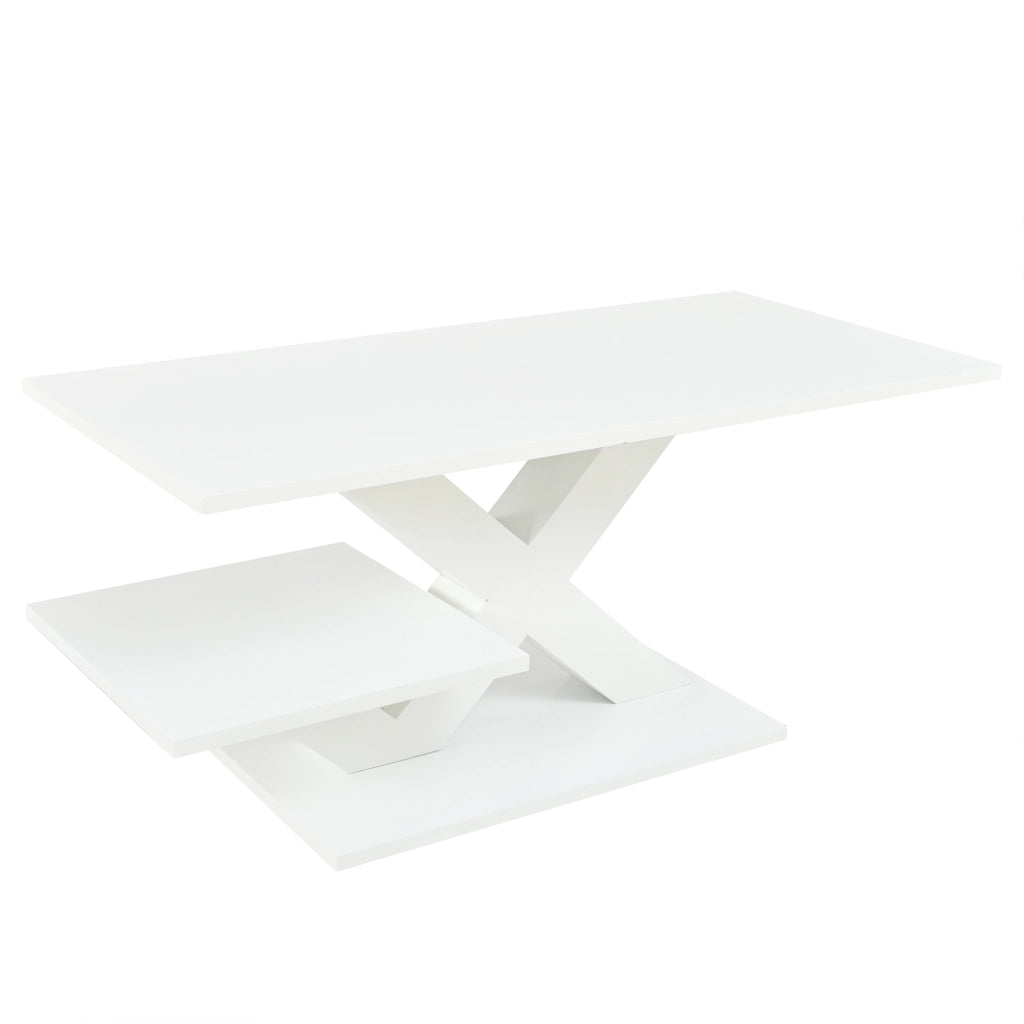 Tavolino da caffè con doppio piano e gambe geometriche - per soggiorno - 100×48×45 cm - bianco