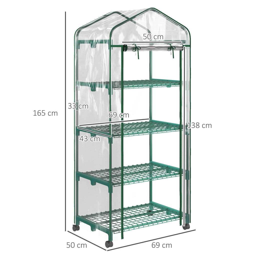Serra per Piante Verticale con Scaffale a 4 Ripiani in Acciaio e PVC Verde, 69x50x165cm