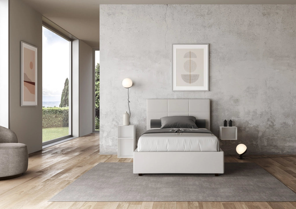 BS COM Letto una piazza e mezza contenitore imbottito 130x190 similpelle bianco