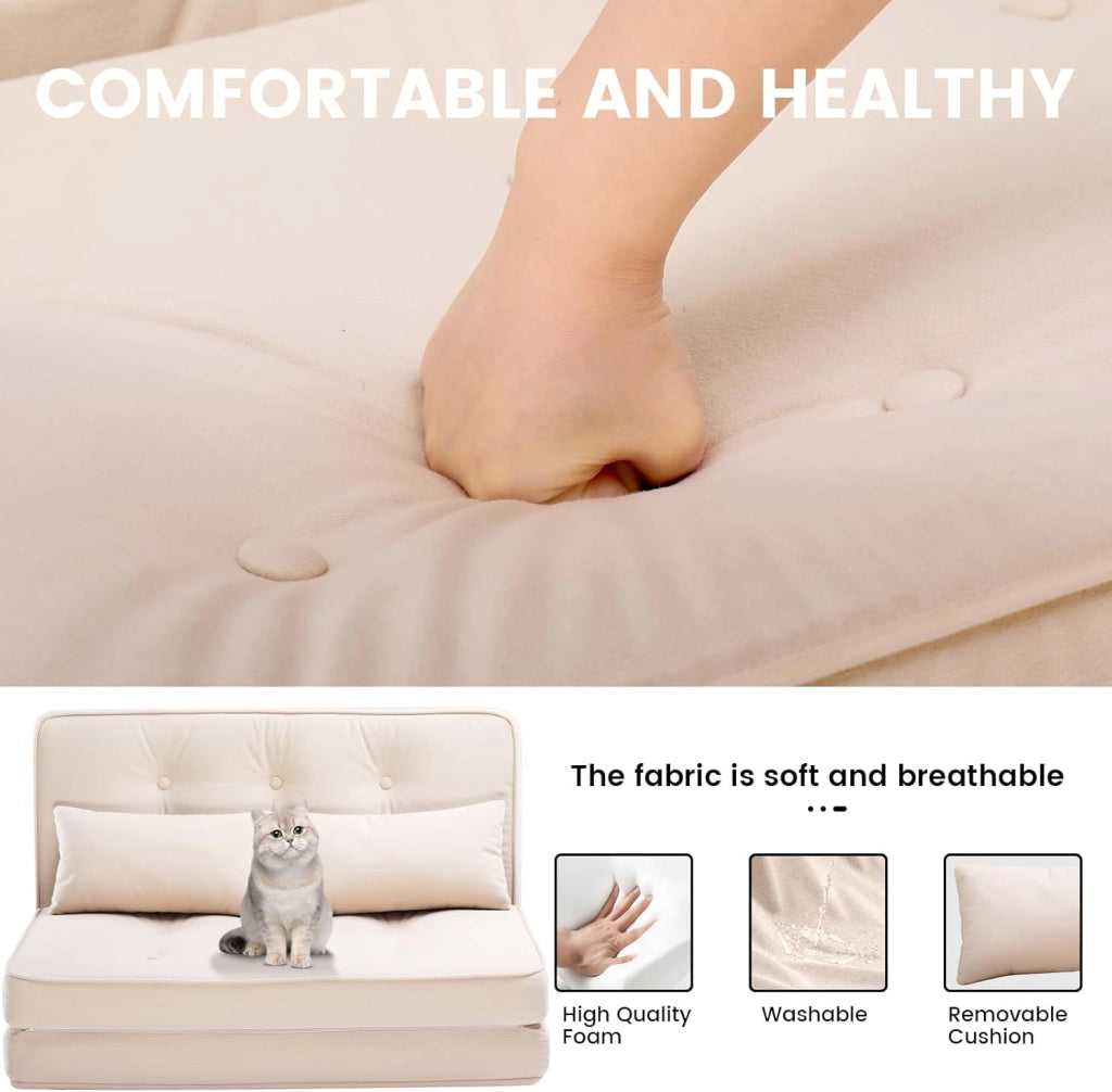 Poltrona relax da pavimento pieghevole con funzione di sonno, divano lazy, lucidata con schienale regolabile a 5 livelli, divano pieghevole per soggiorno, camera da letto, beige
