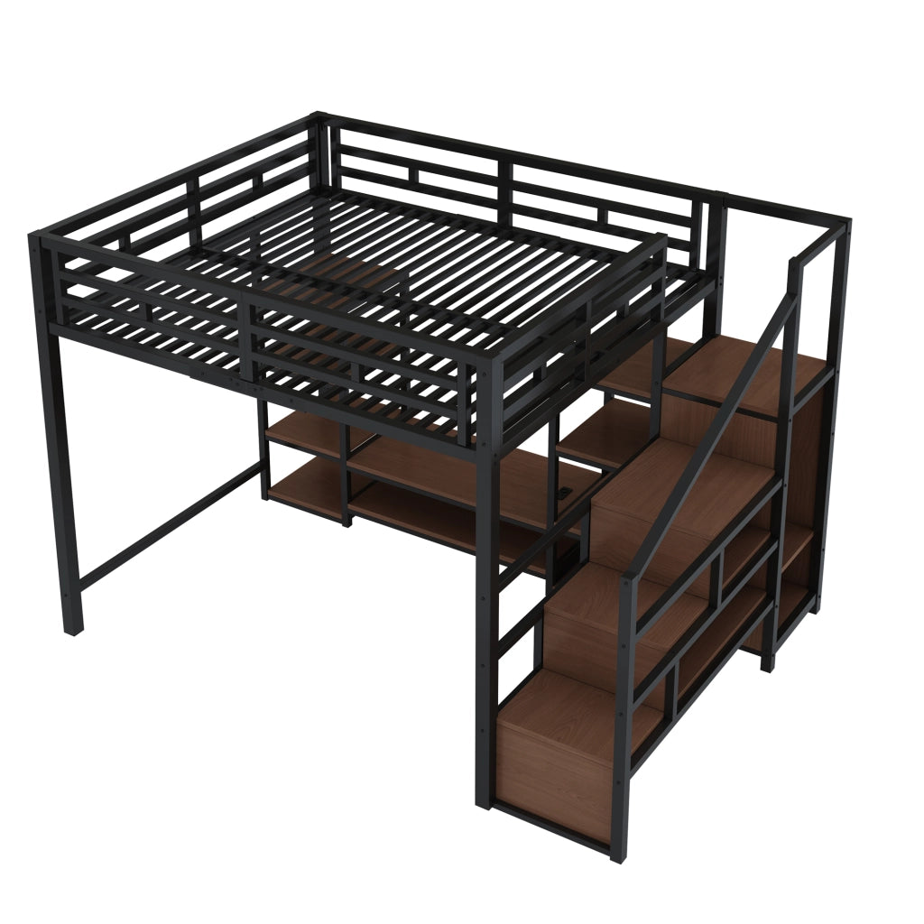 Letto a soppalco 140x200 cm con supporto TV; prese USB; scala di sicurezza e contenitore; metallo e legno nero