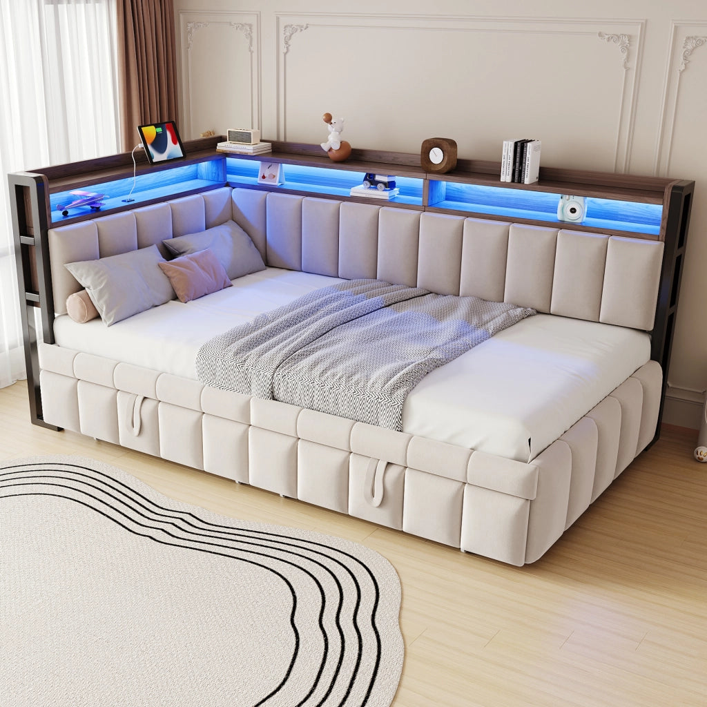 OKWISH Letto a Divano 90×200 cm, Letto Singolo con Letto Estraibile, LED Regolabile, USB, Tipo C e Mensole, senza Materasso, Beige