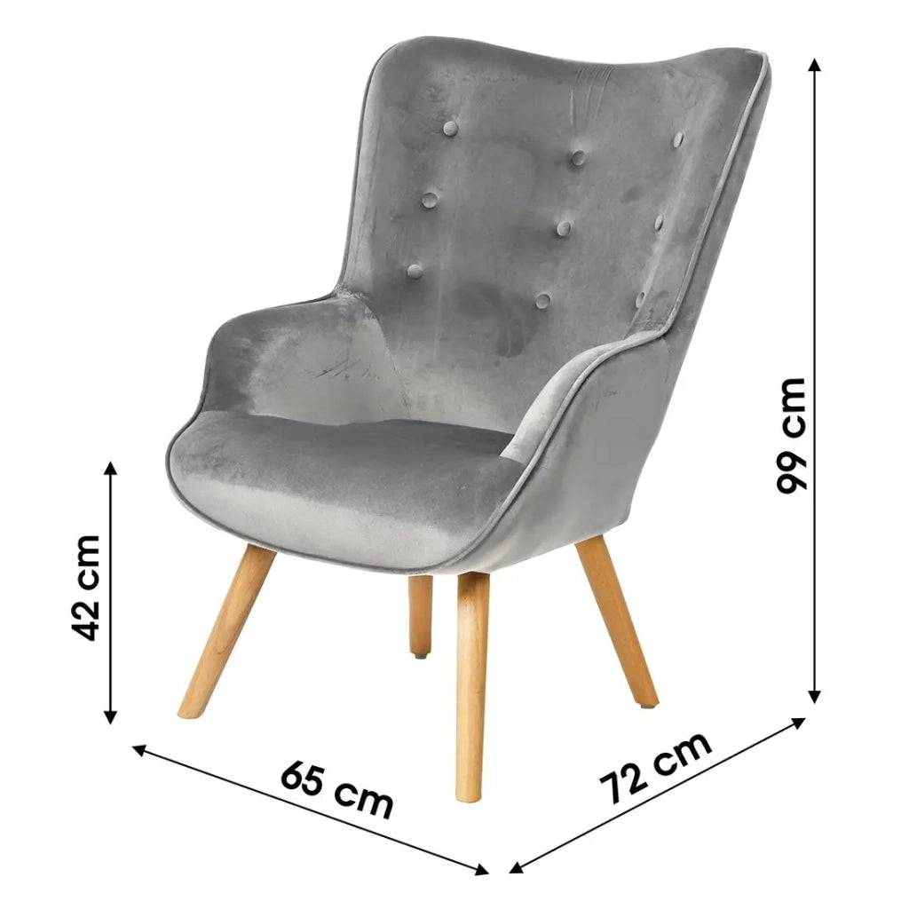 Poltrona da salotto in velluto grigio chiaro con piedi in legno collezione ENJOY. Stile scandinavo.