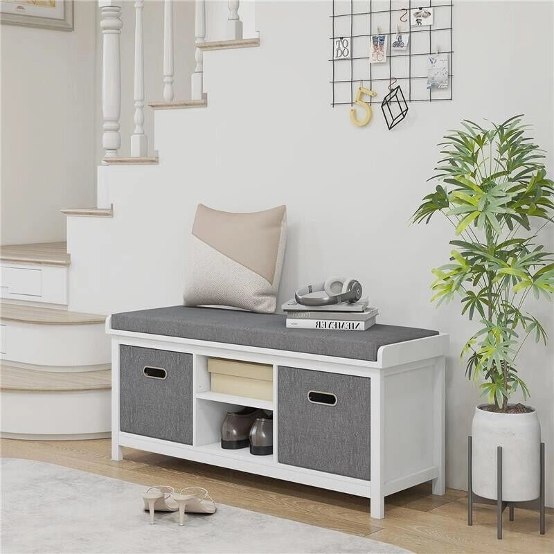 PANCA SCARPIERA CON RIPIANO REGOLABILE A 3 LIVELLI E 2 CASSETTI, IN TRUCIOLATO, 105X35X47 CM, BIANCA E GRIGIA