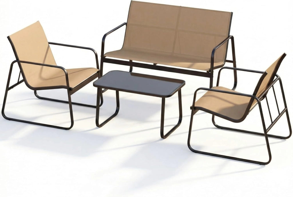 Set di Conversazione per Patio, Set di Mobili 4 Pezzi con Tavolino in Vetro Temperato, Ampio Divano a Due Posti, 2 Sedie Accoglienti, Tessuto Traspirante, per Giardino, Bordo Piscina