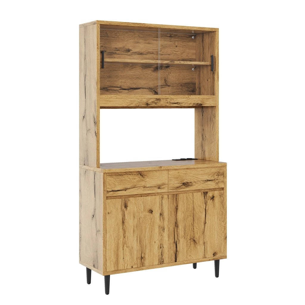 Credenza alta da soggiorno e sala da pranzo 100x40x185 cm, con illuminazione LED RGB, prese integrate e ante in vetro, colore rovere