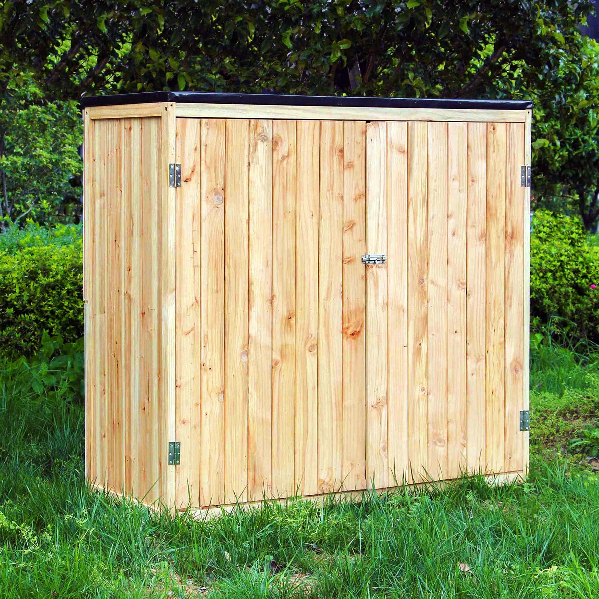 Casetta porta attrezzi da giardino in legno color naturale, 136 x 127 x 58 cm, armadio da esterno a due ante, capanno per utensili e strumenti