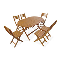 Set tavolo da giardino ovale in legno, 6 sedie, marrone naturale
