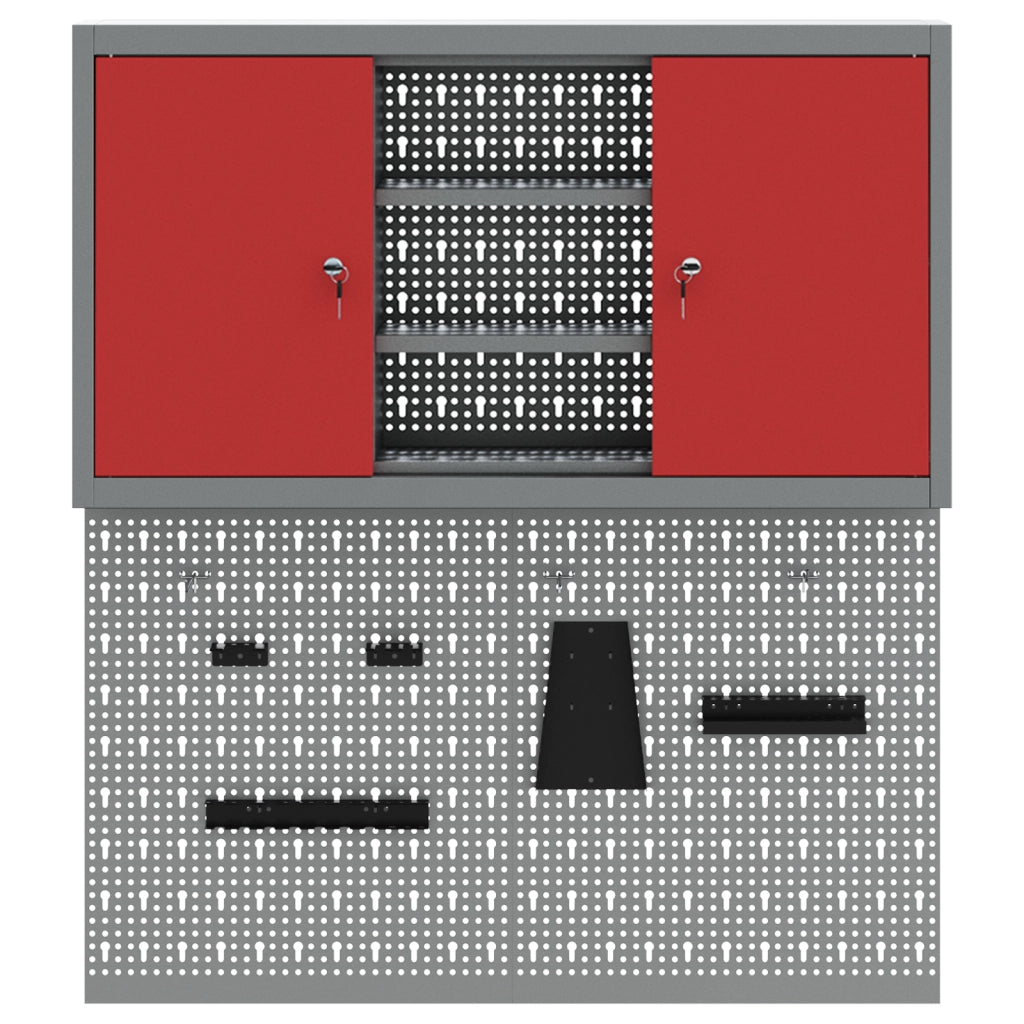 Set da Muro con Mobile per Attrezzi e Pannello Utensili a 3 Pezzi  Rosso Metallico