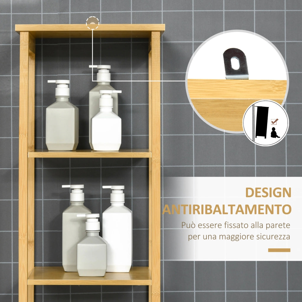 Mobile Bagno a Colonna in Bambù con 3 Ripiani e 1 Credenza Design a Doghe Salvaspazio 34x30x173cm