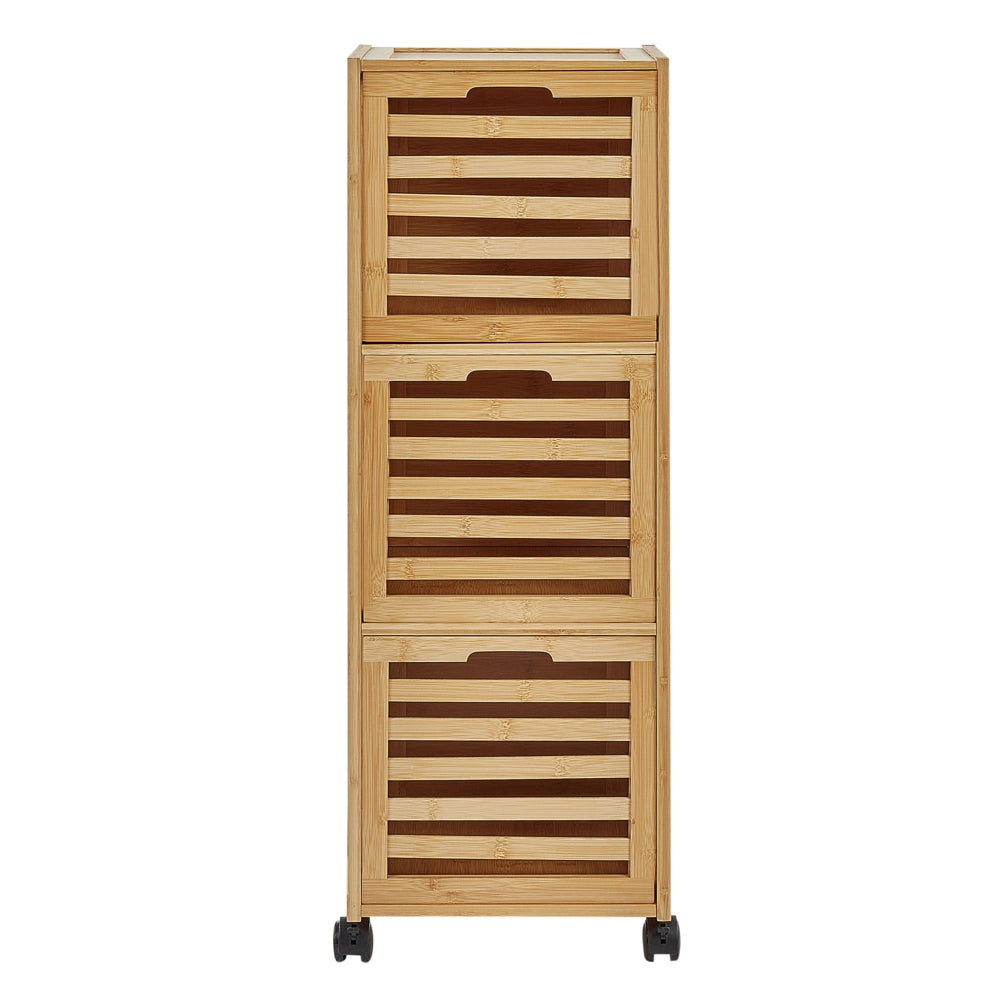 Armadietto da bagno a 3 cassetti marrone chiaro Bambù Ruote in gomma Stoccaggio bagno