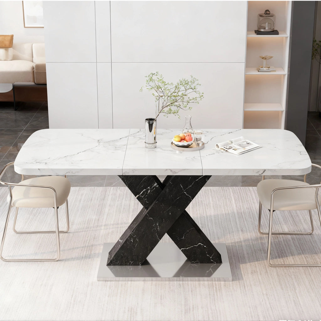 Tavolo da pranzo rettangolare allungabile 120-160 cm, piano effetto marmo bianco, struttura X nera