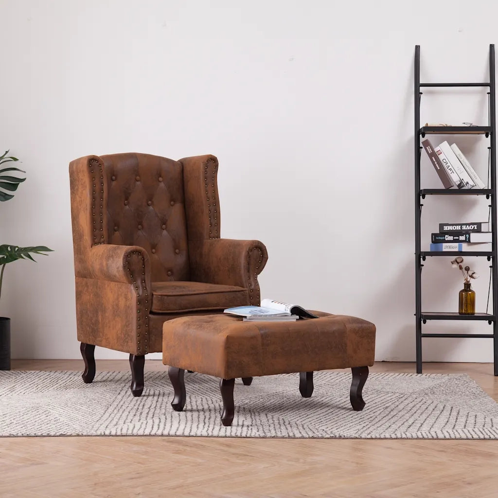 Poltrona Chesterfield Poggiapiedi Marrone Ecopelle Scamosciata
