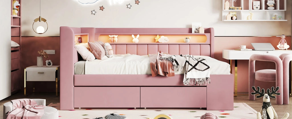 Letto imbottito con luce a led e porta usb, 2 cassetti e scarpiera, in mdf e compensato, rosa, 90 × 200 cm