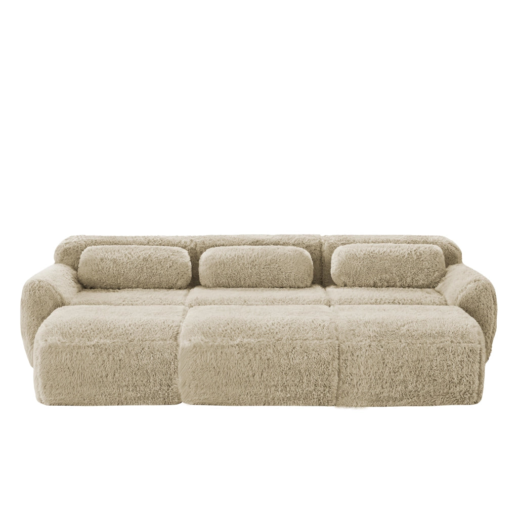OKWISH Divano Modulare 3 Posti, Design Senza Struttura con Pouf Collegabile e Base Antiscivolo, Peluche, Cachi Chiaro