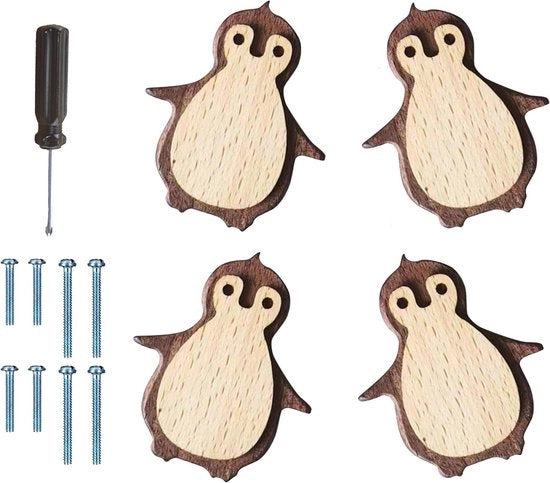 Set di 4 maniglie in legno design pinguino per armadio da cucina, camera da letto e guardaroba