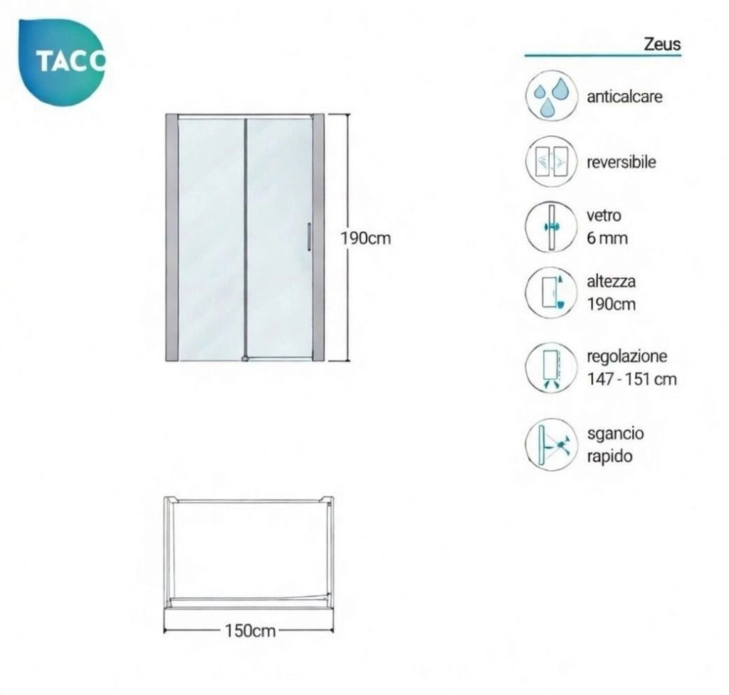 Box doccia a nicchia 150 cm porta scorrevole apertura laterale H190 cm ZEUS - Cromato Lucido