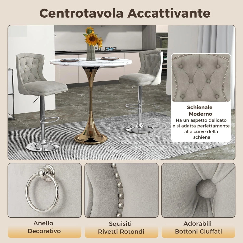 Set 2 Sgabelli da Bar in Velluto 97-117cm, Sedie Regolabili e Girevoli con Poggiapiedi, Schienali e Base in Metallo Elettroplaccata per Casa, Cucina, Pub e Ristorante (Grigio)