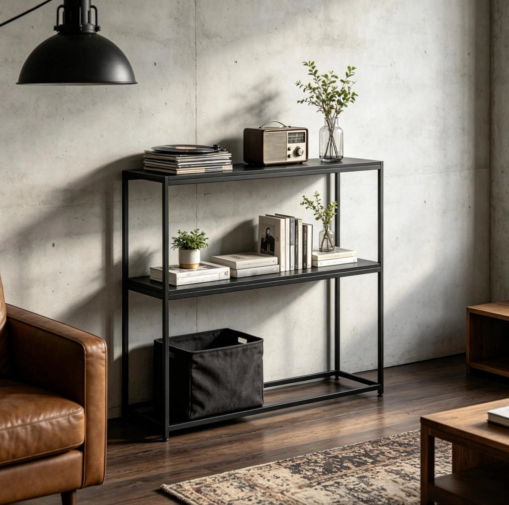 Consolle nera in acciaio e truciolare a 2 ripiani 100 x 30 x 87 cm