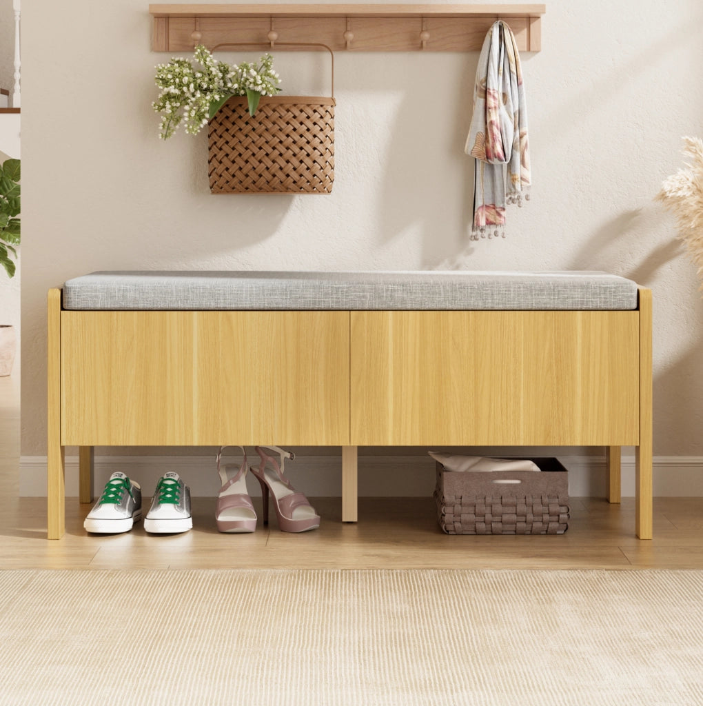 Panca contenitore in bambù e MDF con lati in rattan, grigio