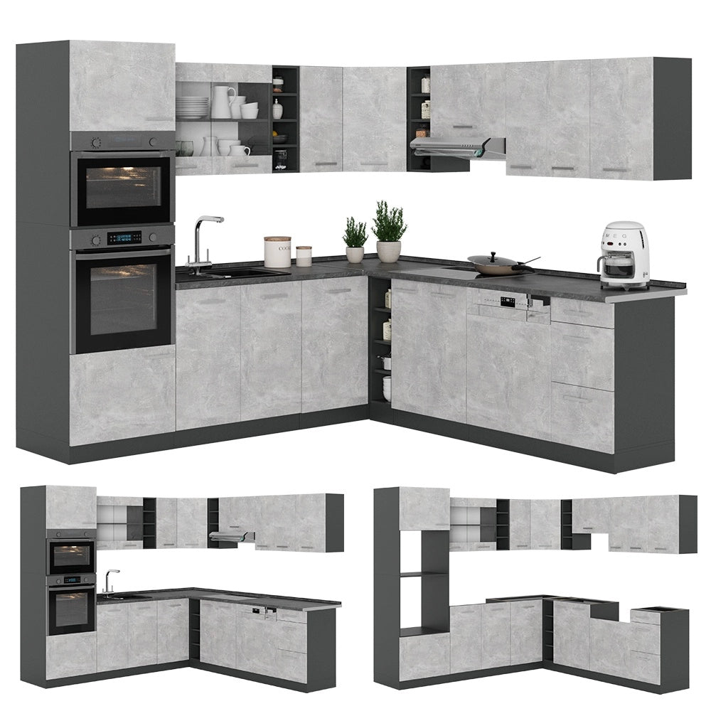 Cucina angolare completa R-Line Calcestruzzo/Antracite 247 x 237 cm, PL Rovere Vicco