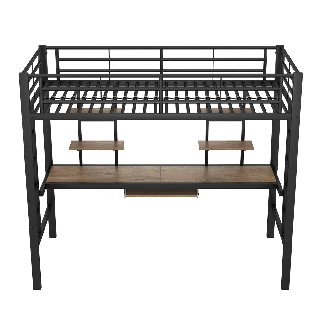 DESMIU Letto A Soppalco Singolo con Scrivania, 2 Scaffali e Scala 90 × 200 cm, Senza Materasso, Metallo Nero