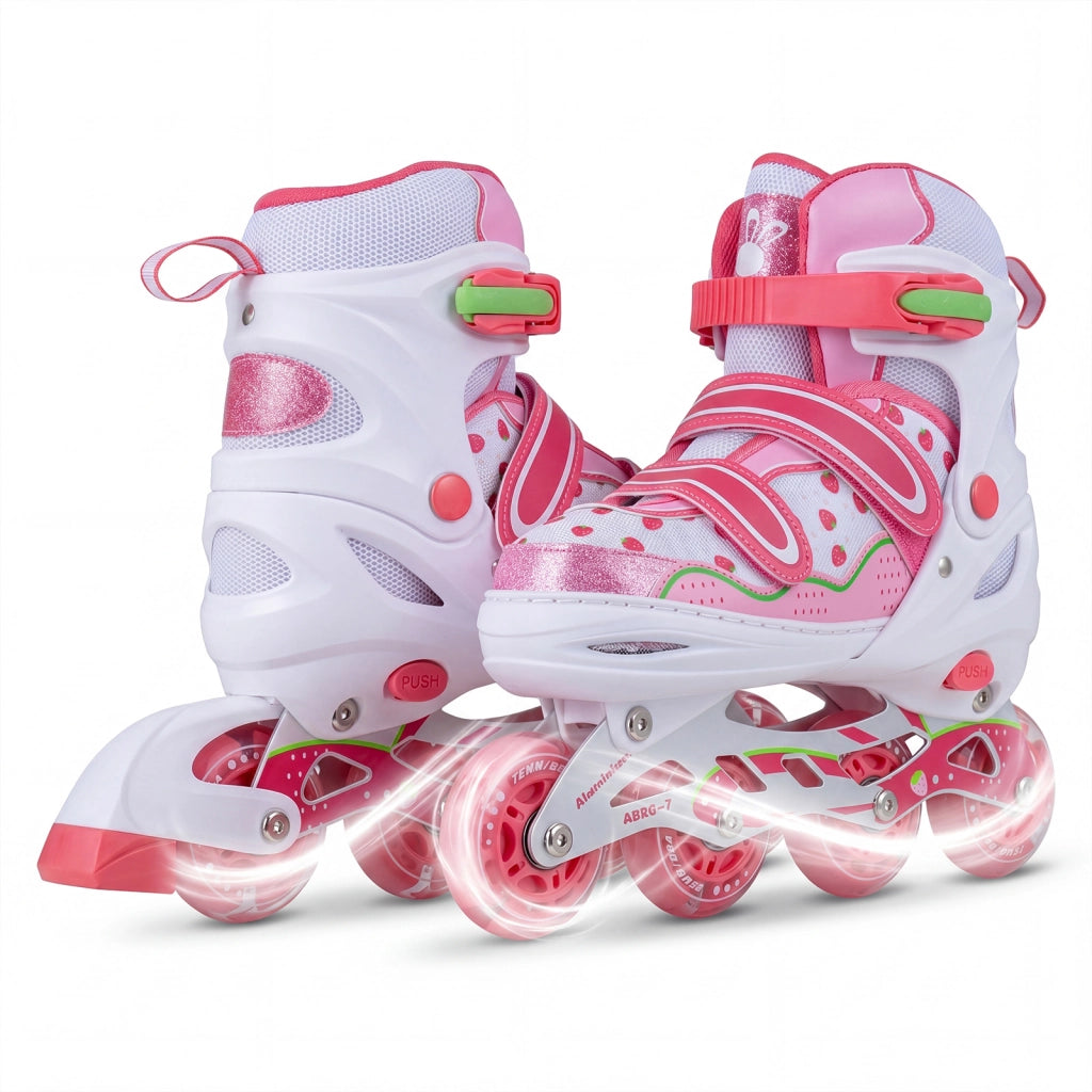 Pattini in linea per bambina con 8 ruote illuminate e protezione di sicurezza a triplo strato, Pattini regolabili chiusura a strappo Rosa L