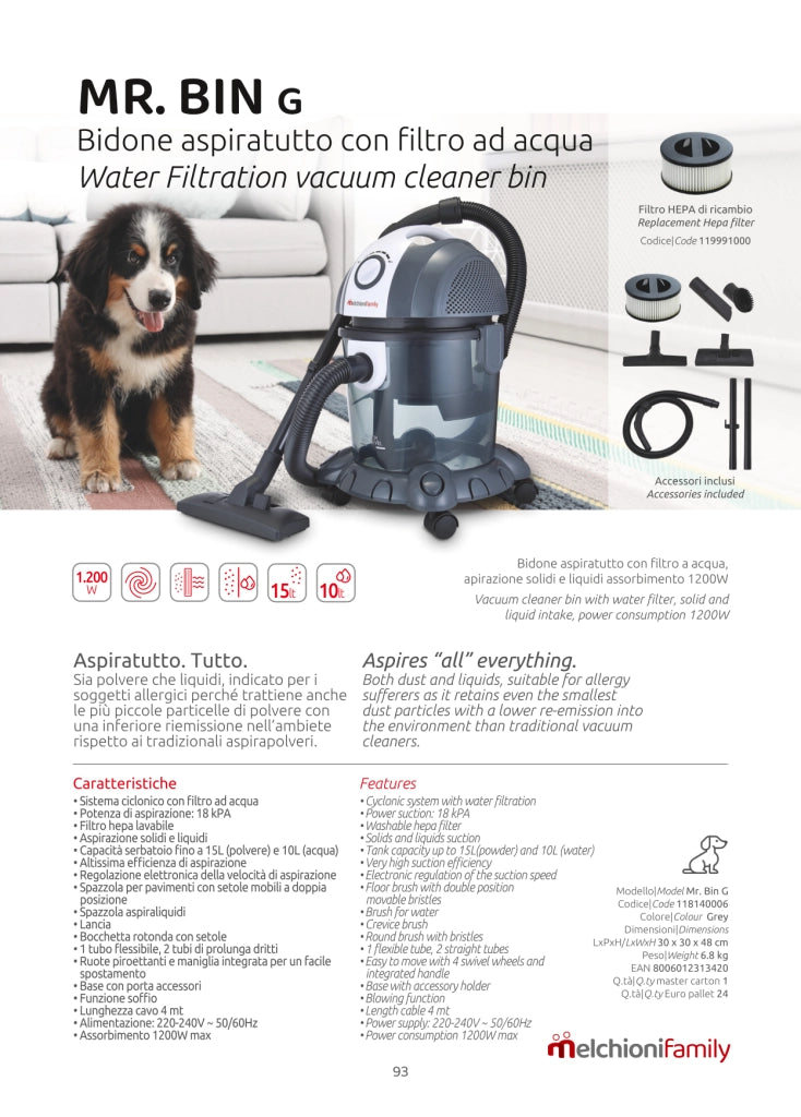 Melchioni Family Bidone Aspiratutto MR BIN G Aspira Liquidi e Solidi Filtro ad Acqua Aspirapolvere con Bidone Potenza 1200W Funzione Soffio Capacità Serbatoio 15 L Polvere e 10 L Liquidi