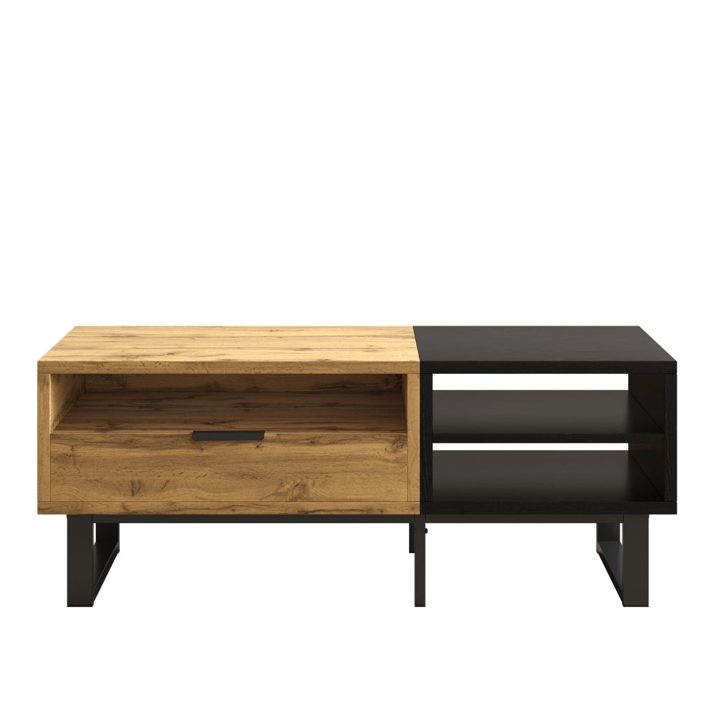 Tavolino da caffè 100×50×40 cm in legno naturale e nero con 3 vani e cassetto
