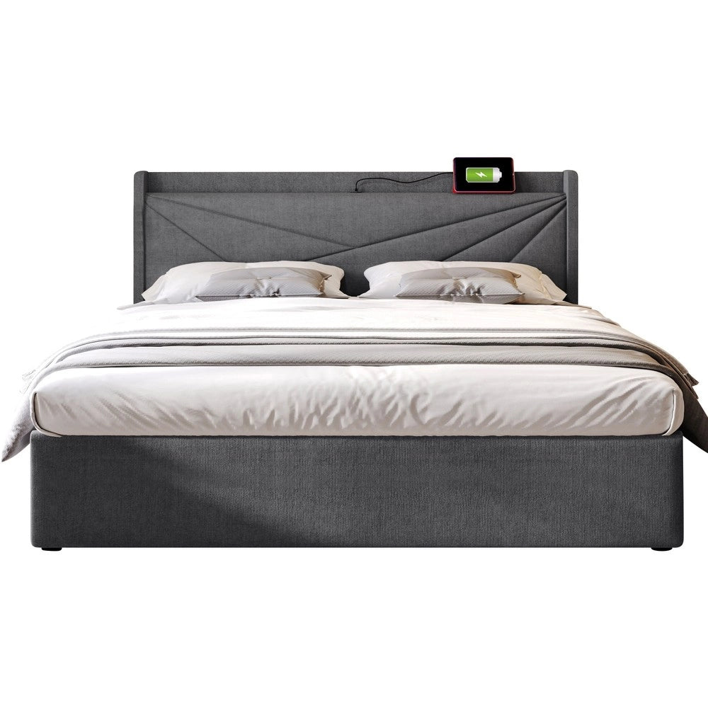 Letto Contenitore Imbottito con USB ¨C MINIMAL ¨C Tessuto Lino 140x200 con Doghe