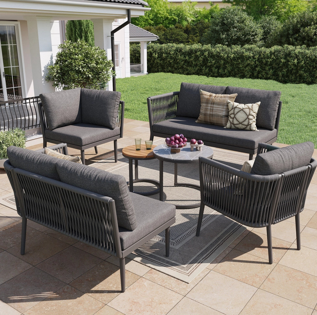Set Salotto da Esterno Modulare 6 Pezzi per 5-6 Persone con Cuscini, Tessuto a Righe e Tavoli per Giardino e Terrazza Grigio