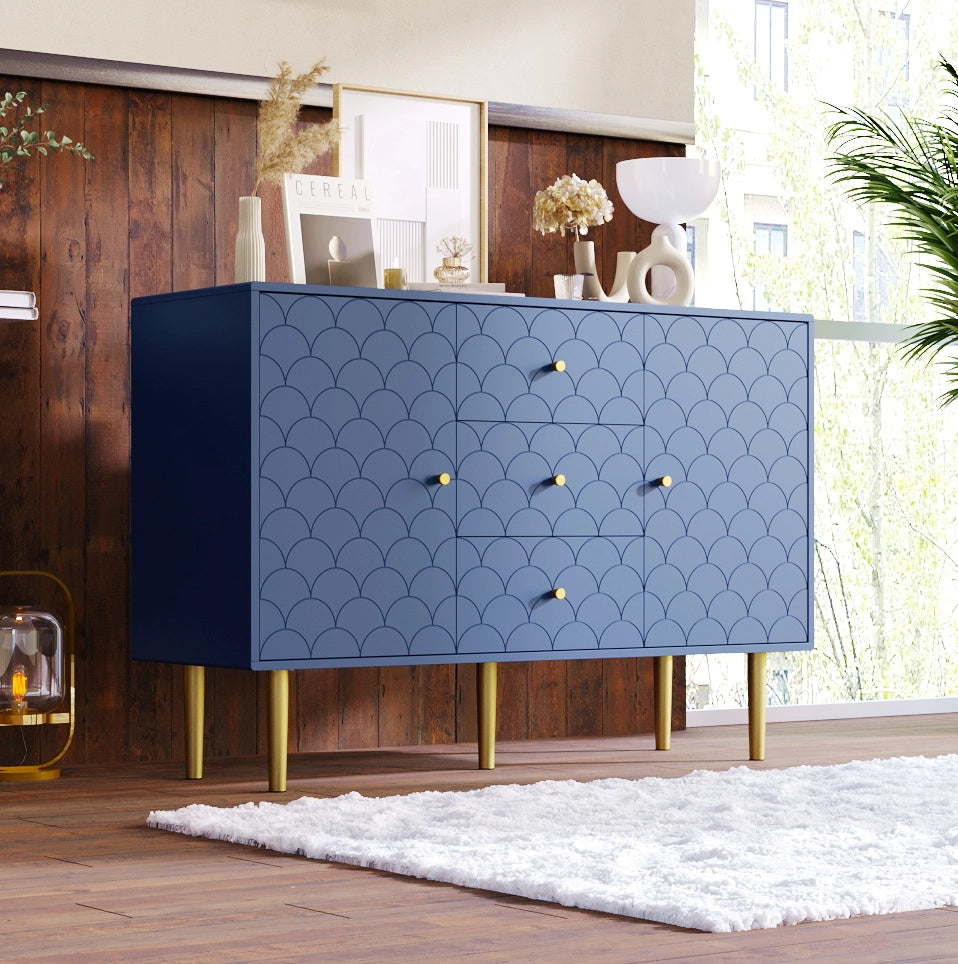 Credenza con 2 ante e 3 cassetti 120x40x83 cm in truciolare e metallo; blu navy