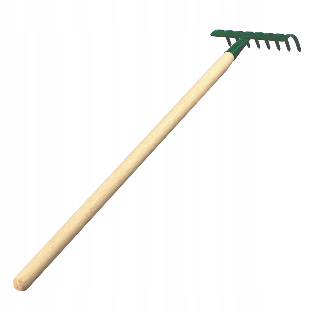 KADAX Piccolo rastrello per foglie ed erba da giardino, 66 cm, 8 denti, manico in legno