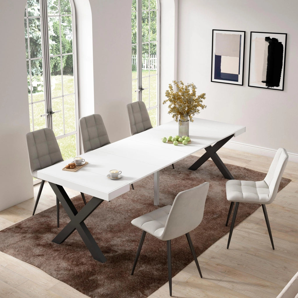 Consolle allungabile, 58 fino 262x90x73cm, Per 12 persone, Gambe in legno, Bianco RF2811