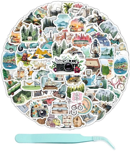 Sticker per l'Esterno 100 pezzi - Stickers Idrorepellenti - Sticker PVC Autoadesivi - Pincetta in Acciaio Inossidabile - 2-8 cm - Disegno Colorato