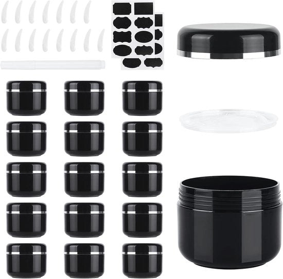 Set di 15 contenitori cosmetici vuoti 50ml - contenitori in plastica riutilizzabili con cucchiaio e etichette per oli, lozioni, creme e maschere.